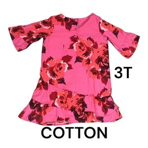 BABY GAP Girl's Dress Size 3 Pink Rose Floral Bell Sleeve Cuff Ruffled Hem